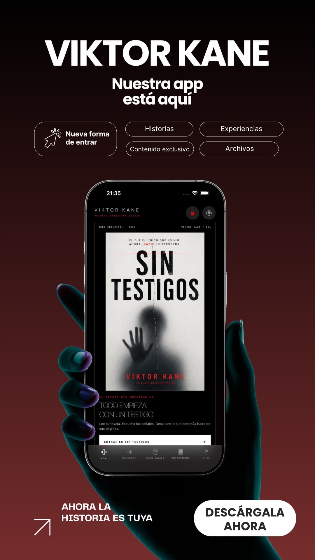 Aplicación oficial de Viktor Kane mostrada en un teléfono