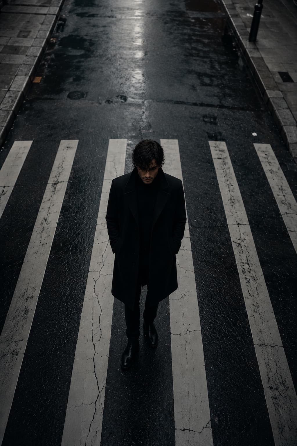 Viktor Kane permanece solo sobre un paso de peatones bajo la lluvia